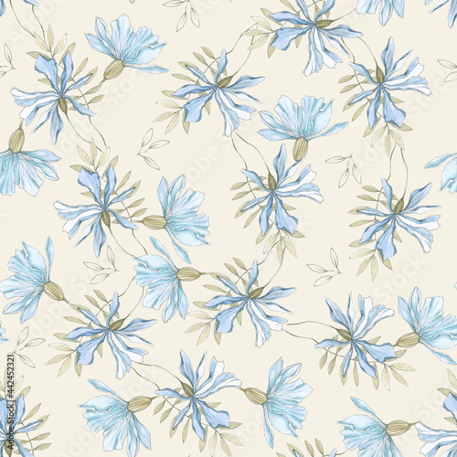 watercolor illustration seamlesas pattern pale flowers with blue leaves on a background,for fabric,wallpaper or furniture