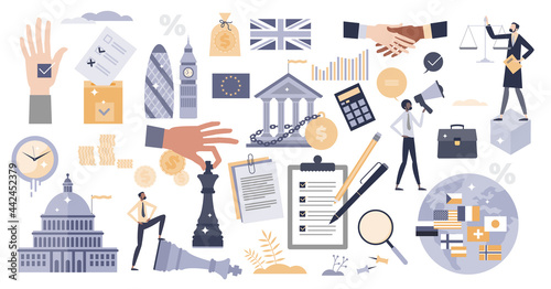 Politics with election and government authority tiny person collection set. Legal democracy right items for citizens vector illustration. State control tax system and country law management elements.