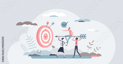 Aim to target as business teamwork effort and goal focus tiny person concept. Company growth and successful strategy management with effective team communication and group unity vector illustration.