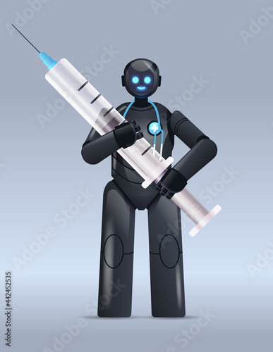 black robot doctor holding syringe vaccination medicine healthcare artificial intelligence concept