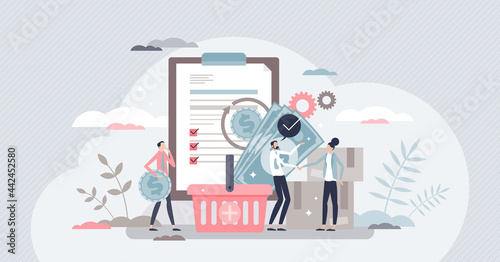 Procurement work as supply chain and order processing tiny person concept. Occupation with task to control demand and communication with suppliers vector illustration. Trade and shopping process scene photo