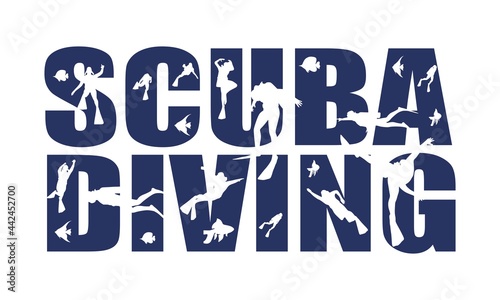 Scuba diving text with silhouettes of divers and sea animals.