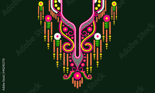 Geometric flower pink oriental neckline traditional design for women’s clothing, fashion, clothing, batik, fabric, vector illustration embroidery style