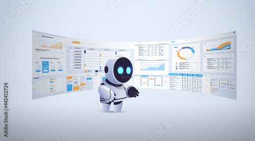 cute robot analyzing statistics financial data on virtual boards artificial intelligence technology concept
