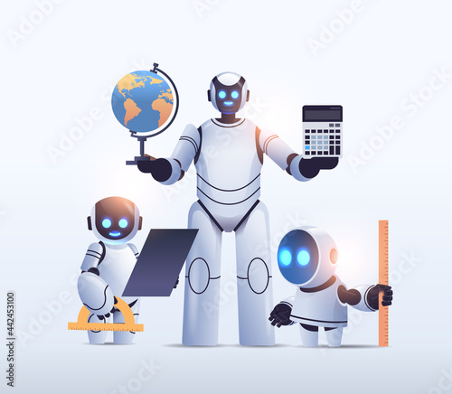 robot teacher with robotic students standing together artificial intelligence technology concept