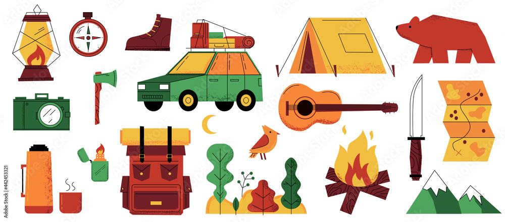 Camp. Adventure tourism and hiking cartoon elements. Tools for camping. Automobile or map. Outdoor recreation in mountains. Backpack and campfire or guitar. Vector tourist equipment set Camp. Adventure tourism and hiking cartoon elements. Tools for camping. Automobile or map. Outdoor recreation in mountains. Backpack and campfire or guitar. Vector tourist equipment set