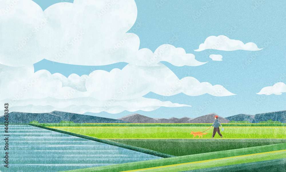 田園風景 犬の散歩 水彩風手書きイラスト Stock Illustration Adobe Stock