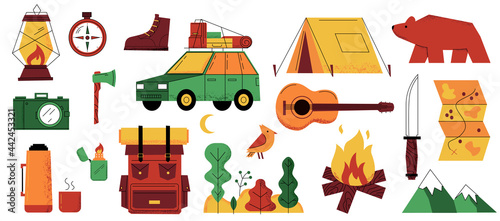 Camp. Adventure tourism and hiking cartoon elements. Tools for camping. Automobile or map. Outdoor recreation in mountains. Backpack and campfire or guitar. Vector tourist equipment set