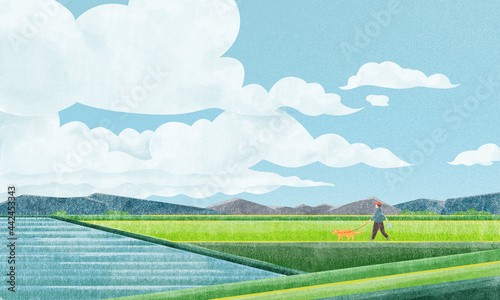 田園風景（犬の散歩）水彩風手書きイラスト