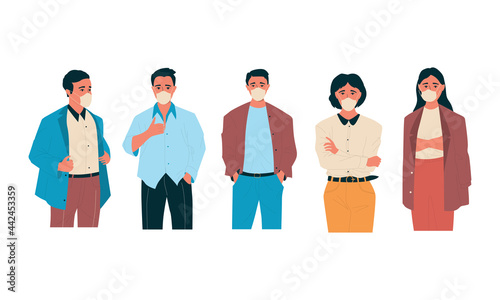 Happy people with mask. Men and women wear medical respirators. Protection against viruses. Students and colleagues set standing in various poses. Vector persons take care of health