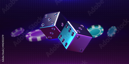 Casino background. Realistic thrown pair of dice and playing chips. Luxury gambling 3D elements. Rolling cubes with iridescent holographic effect. Vector online betting and risky games