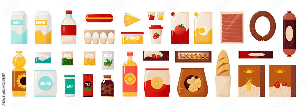 Common goods. Cartoon package with everyday food. Bottles of cooking oil and milk. Container for eggs or dairy products. Delicious cheese and spices. Vector supermarket merchandise set Common goods. Cartoon package with everyday food. Bottles of cooking oil and milk. Container for eggs or dairy products. Delicious cheese and spices. Vector supermarket merchandise set