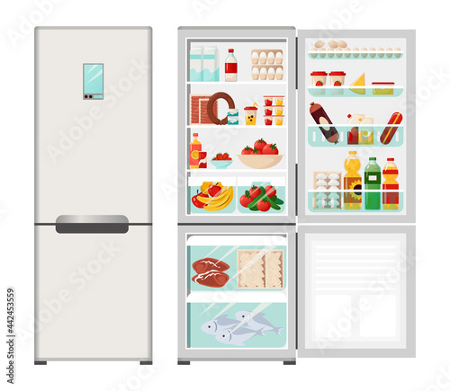 Fridge. Cartoon opened or closed refrigerator full of dairy products, vegetables and fruits. Bottle of milk, eggs and sausage on shelves. Fish or meat in freezer. Vector kitchen equipment