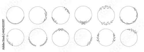 Circle wreath frame. Hand drawn floral wedding branch with leaves. Elegant decorative elements set. Black and white natural borders. Vector calligraphic ornaments for invitation cards