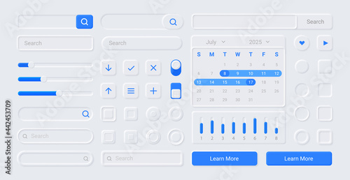 Neumorphic UI kit. Screen buttons. Search forms and icons for web application or infographic. Calendar and indicators templates. Digital panel mockup. Vector interface elements set photo