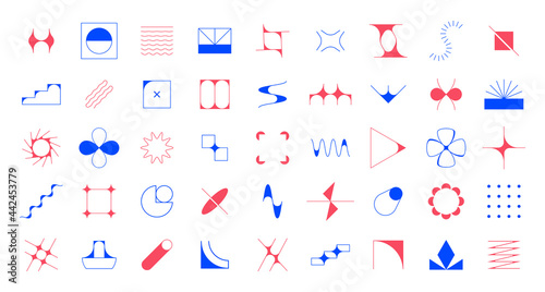 Technology abstract shapes. Modern geometric business logo with contemporary brutalism elements. Red or blue contour line forms and silhouettes. Vector isolated minimalistic figures set