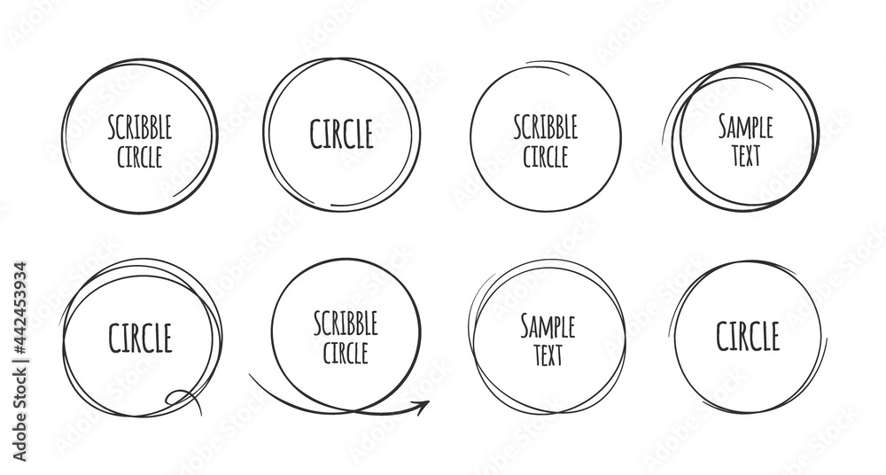 Hand drawn circles. Doodle round frames for text. Black line sketches set. Abstract geometric scribble shape. Minimalistic decorative elements with copy space. Vector contour figures Hand drawn circles. Doodle round frames for text. Black line sketches set. Abstract geometric scribble shape. Minimalistic decorative elements with copy space. Vector contour figures