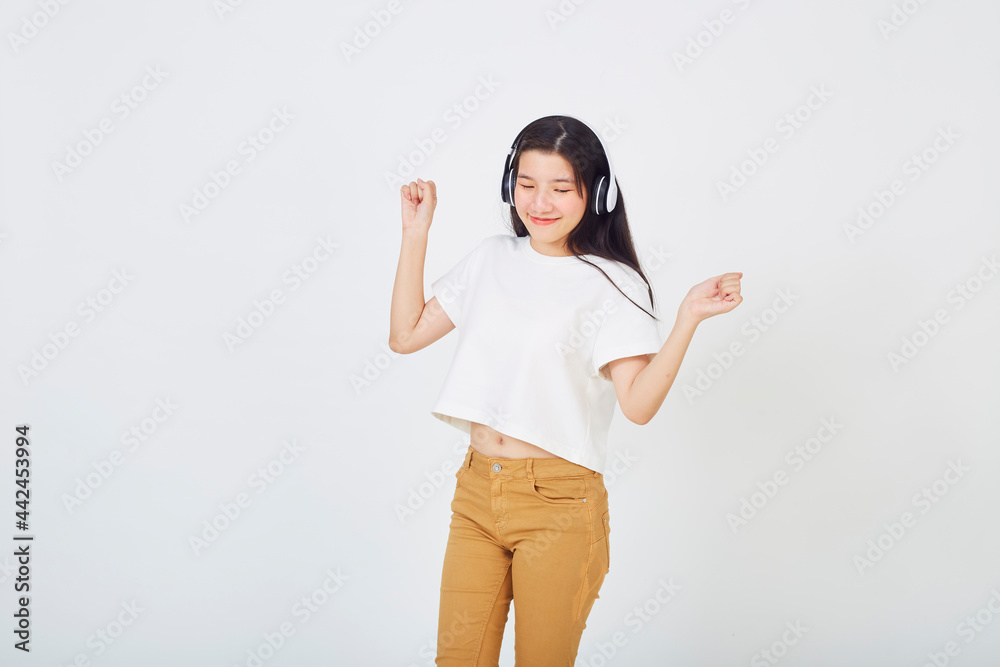 woman with headphones on white background woman with headphones on white background