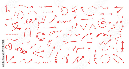 Doodle arrows. Hand drawn direction signs. Cartoon abstract sketch. Pencil graphic art. Mathematic red symbols. Minimalistic way pointers. Funny scribble background. Vector icons set