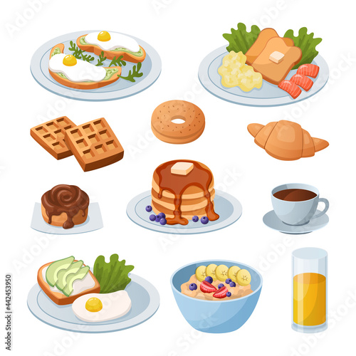 Morning food. Cartoon breakfast meals. Glass of juice and toast with scrambled eggs. Cup full of coffee or bowl of porridge. Croissant and pancakes. Vector traditional lunch snacks set