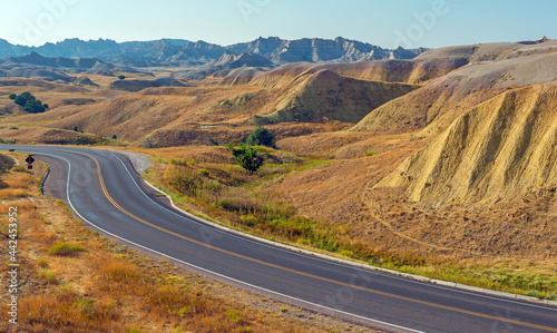 Yellow Mounds with highway in summer, Badlands national park, South Dakota, USA. photo