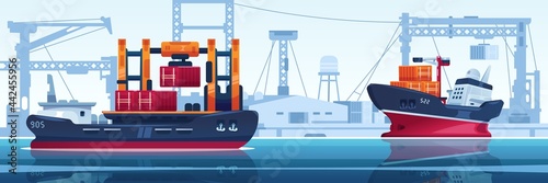 Ship in dock. Cargo transport with containers in harbor. Vessel for freight transportation. Water vehicle sailing in industrial sea port. Marine shipping. Vector seascape illustration