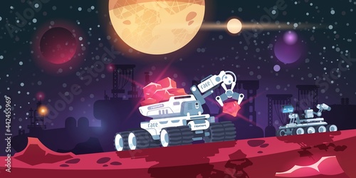 Alien colony. Cartoon red planet base with si-fi exploration transport. Space discovery mission. Cosmic robots explore Mars surface. Futuristic galactic landscape. Vector illustration