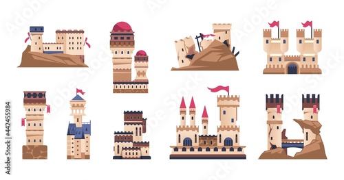 Medieval castle. Cartoon old fort or kings palace. Historic building with towers and flags. Ancient bastion and citadel. Ruins of stronghold on cliff. Vector fortified constructions set