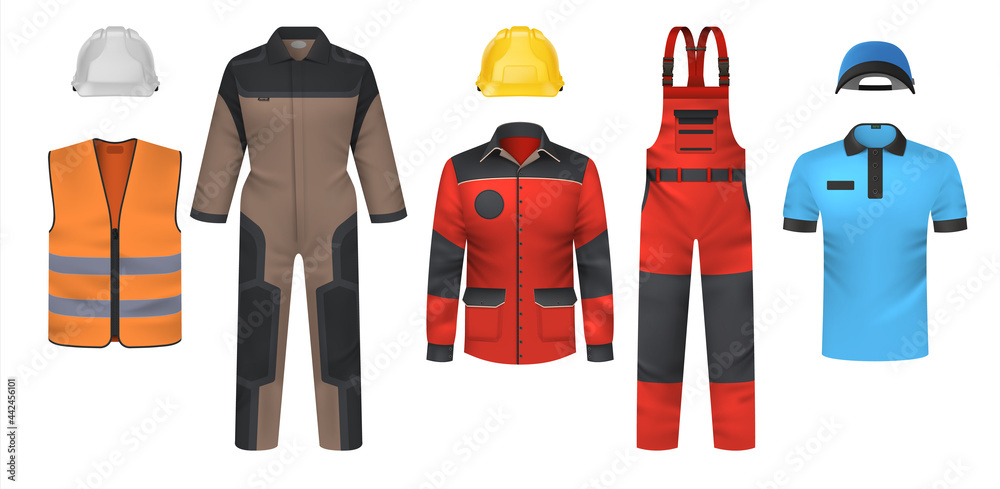 Realistic uniform. Workwear clothes mockup. Jumpsuit and t-shirt, bright jacket or vest. Safety outfit with helmet. Clothing for courier and workman. Vector professional garments set