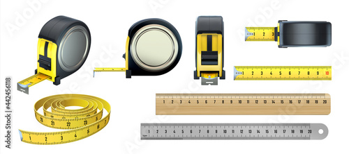 Measuring tools. Realistic instruments for length measurement. 3D tailor tape. Isolated metal or wooden rulers. Black reels with centimeter scale bands. Vector metric equipment set
