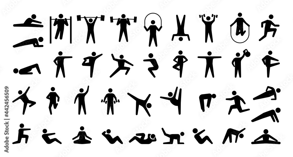 Human sport icons. Training persons silhouettes. Signs of people doing fitness and weightlifting exercises or practicing yoga. Stretching or bodybuilding workout. Vector symbols set