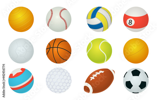 Sport balls. Cartoon soccer and baseball  rugby or basketball game spheres. Active hobby inventory. Professional tools for tennis  billiards and golf. Fitness equipment  vector set