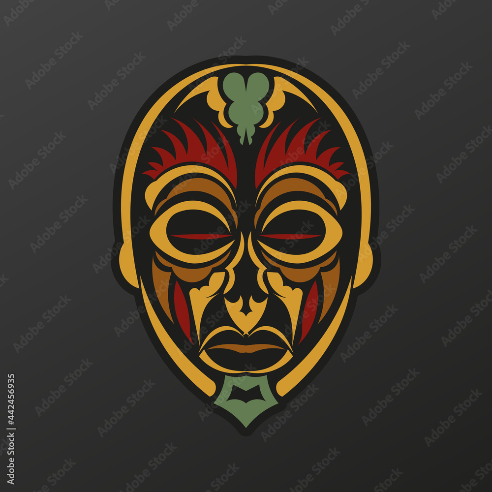 Polynesia totem mask in baroque color. Face of the gods of ancient tribes tattoo. Luxurious pattern with lace motifs. Isolated. Vector illustration Polynesia totem mask in baroque color. Face of the gods of ancient tribes tattoo. Luxurious pattern with lace motifs. Isolated. Vector illustration