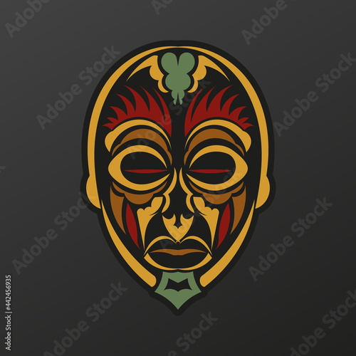 Polynesia totem mask in baroque color. Face of the gods of ancient tribes tattoo. Luxurious pattern with lace motifs. Isolated. Vector illustration