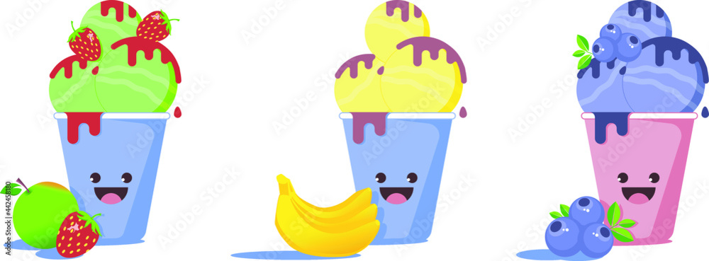 Fototapeta premium This is a vector image of an ice cream cup. These are three fruit ice-cream with jam, chocolate and fruits. The illustration can be used as an advertisement, postcard or stickers.