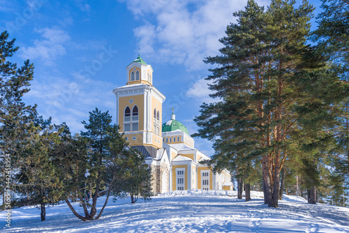 Winter landscape with the largest stave church in Finland. Kerimyaki Finland photo