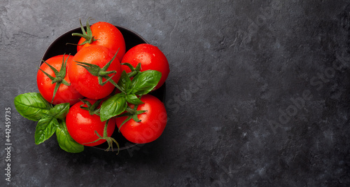 Fresh garden tomatoes and basil leaves