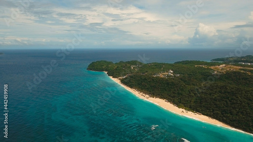Aerial view of beautiful tropical island with white sand beach, Boracay, hotels and tourists. Tropical lagoon with turquoise water and white sand. Beautiful sky, sea, beach, resort. Seascape: Ocean