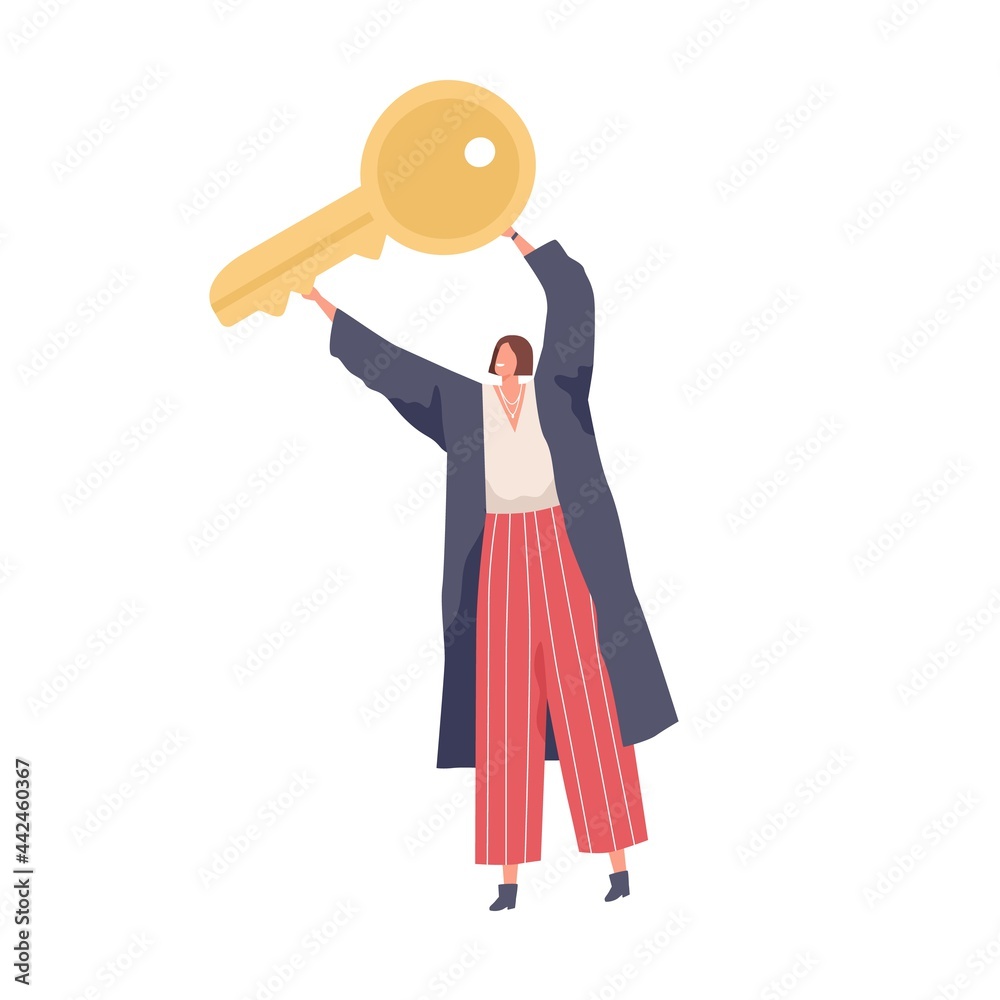 Person holding big golden key to success in hands. Concept of finding ...
