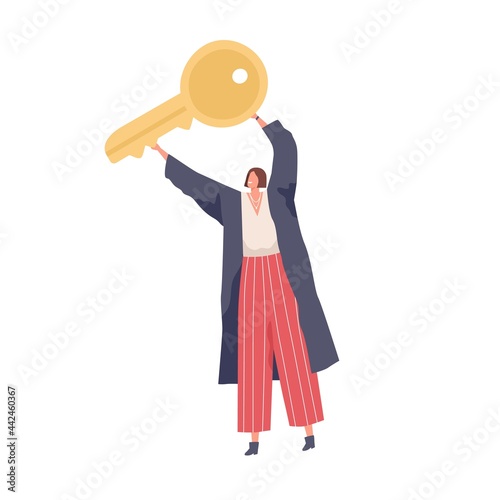 Person holding big golden key to success in hands. Concept of finding solution, solving business problems. Woman with security symbol. Colored flat vector illustration isolated on white background