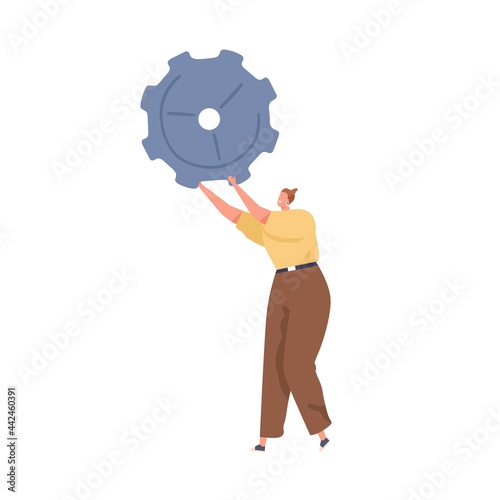 Person holding metal gear in hands as symbol of personal settings. Woman with cogwheel. Concept of technical works, repair and maintenance. Flat vector illustration isolated on white background