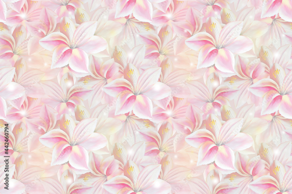 Seamless pattern with delicate pink lilies.