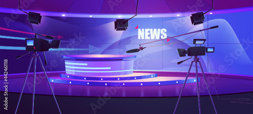 Tv news studio, television broadcast room interior with round table and earth globe on screen. Video channel studio with newscaster desk, lighting equipment and camera, Cartoon vector illustration