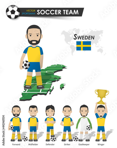 Sweden national soccer cup team . Football player with sports jersey stand on perspective field country map and world map . Set of footballer positions . Cartoon character flat design . Vector .