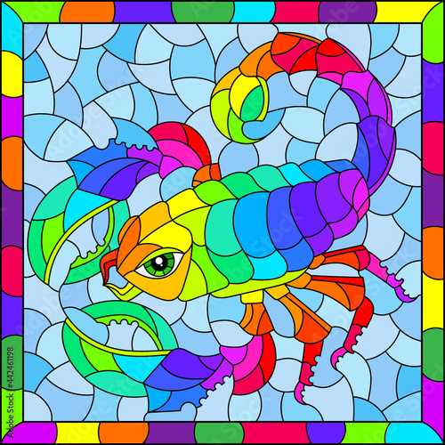 An illustration in the style of a stained glass window with a bright rainbow scorpion, a rectangular image in a bright frame