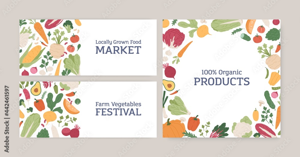 Set of banner and card designs with fresh organic vegetables and greens. Healthy farm food on white backgrounds for local market and veggie festival advertising. Colored flat vector illustration