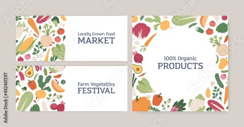 Set of banner and card designs with fresh organic vegetables and greens. Healthy farm food on white backgrounds for local market and veggie festival advertising. Colored flat vector illustration