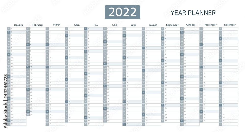 2022-year-planner-calendar-with-monthly-vertical-grid-template-planner-for-schedule-events-and-holidays-vector-business-organizer-calender-grid-in-minimal-gray-style-stock-vector-adobe-stock