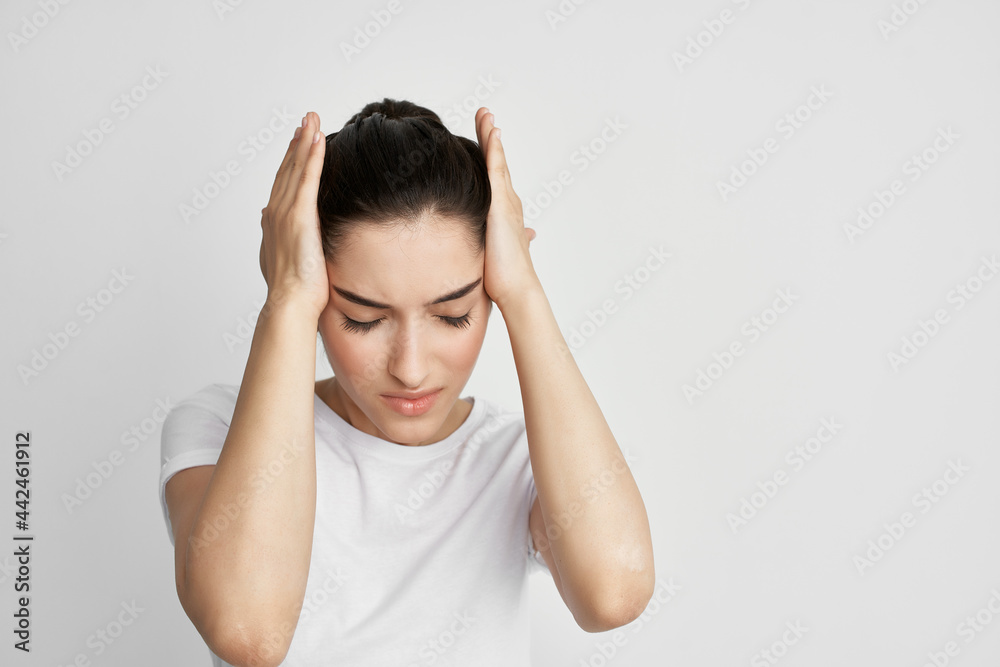 woman with headache holding face migraine emotions depression woman with headache holding face migraine emotions depression