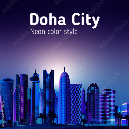 Doha city, Qatar, neon color style DOHA Skyscraper